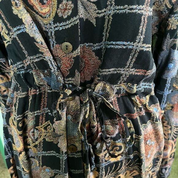 Scared Threads Boho Long Sleeve Black/Blue Floral Button Down Shirt dress M New - Picture 6 of 9